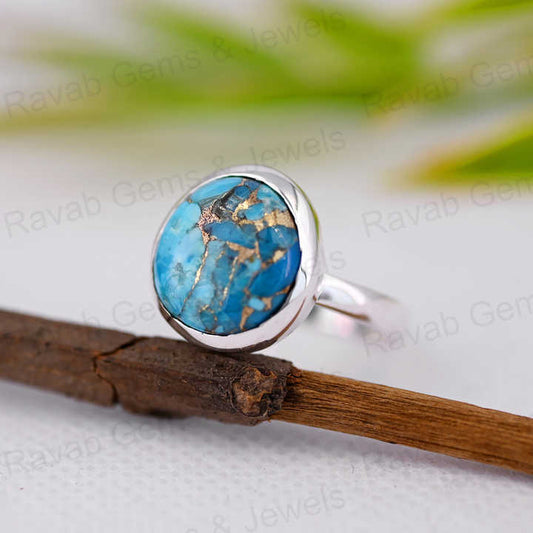 Top Selling 12x13mm Mohave Blue Copper Turquoise High Polished 925 Silver Bezel Organic Shape Dainty Women Ring Navajo Jewelry