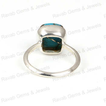 Best Quality 925 Sterling Silver Women's Ring Handmade Natural Blue Copper Turquoise Cushion Shape 12mm Solid Bezel Setting Fine