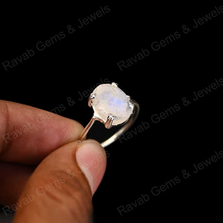 Superb Solid 925 Sterling Silver Natural Rainbow Moonstone Oval Checker Cut Prong Setting Ring for Women Fine Handmade Jewelry