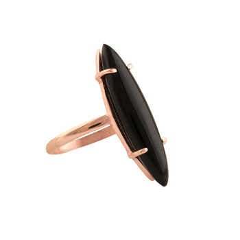 Minimalist Women's 6x25mm Natural Black Onyx Ring Dainty Marquise Prong Design 925 Genuine Silver Rose Gold Plating for Parties