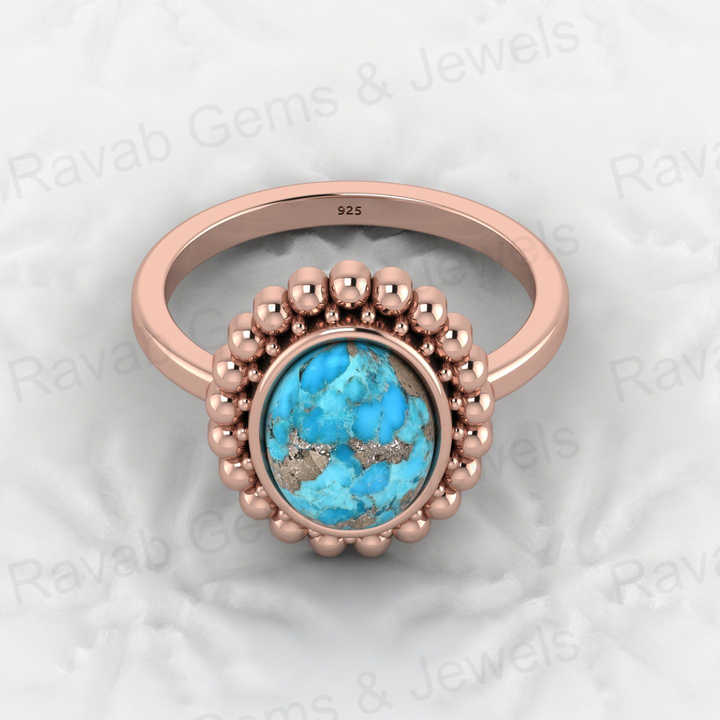 Best Selling 925 Silver Vermeil Eternity Band Natural 8x10mm Pyrite Turquoise Gemstone Bezel Oval Beaded Boho Ring Women Jewelry