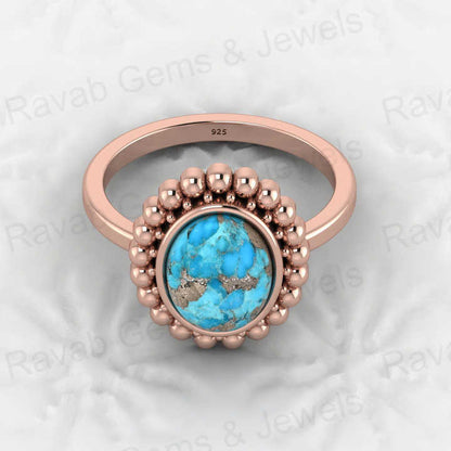 Best Selling 925 Silver Vermeil Eternity Band Natural 8x10mm Pyrite Turquoise Gemstone Bezel Oval Beaded Boho Ring Women Jewelry