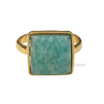 12mm Amazonite Gemstone Bezel Setting 18K Gold Rhodium Genuine 925 Sterling Silver Dainty Square Ring for Women's Fine Parties