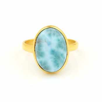Best Selling 10x14mm Natural Pectolite Larimar Gemstone Bezel Jewelry 18K Gold Plated Dainty Oval Shape Ring for Women
