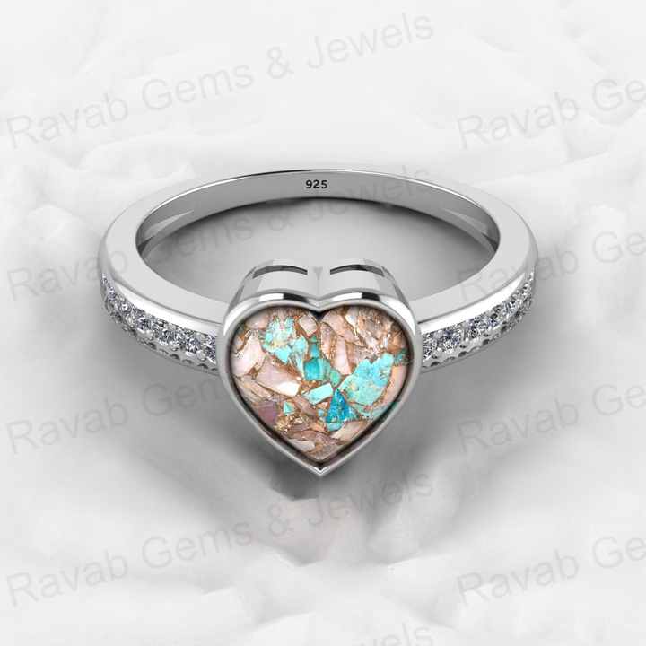 Top Selling Genuine 925 Silver 8x8mm Heart Pink & Blue Copper Turquoise Gemstone Ring for Women Valentine Gift Idea Jewelry