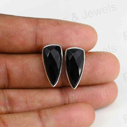 Best Quality 925 Solid Sterling Silver Women's Shield Shape Stud Earring Natural Black Onyx Checker Cut 10x20mm Bezel Gift