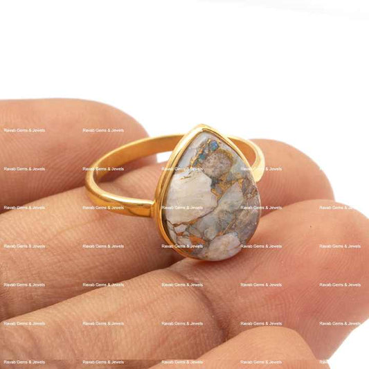 Lovely Design 10x14mm Pear Natural Ethiopian Opal Copper Stone Jewellery Gold Plated Silver Solitaire Dainty Boho Ring for Women