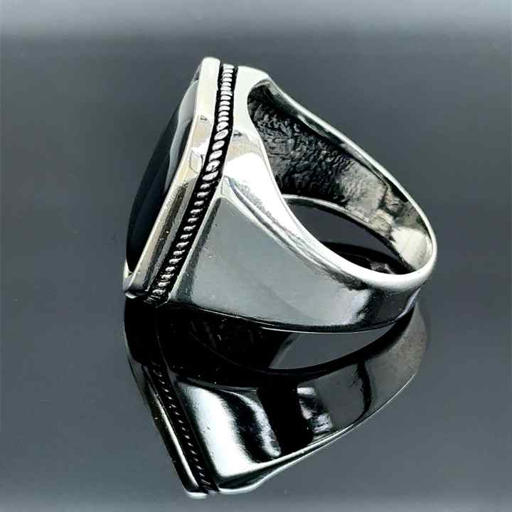 Classic Natural Black Onyx Cabochon Octa Cushion 12x16mm Bezel Setting Solid 925 Sterling Silver Mens Fine Signet Ottoman Ring