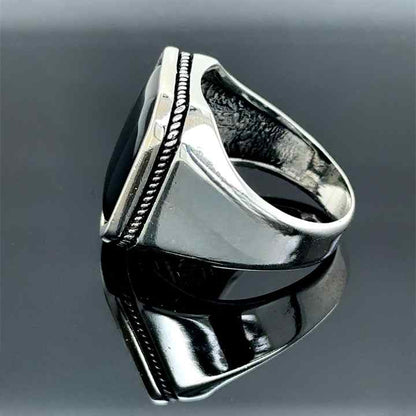 Classic Natural Black Onyx Cabochon Octa Cushion 12x16mm Bezel Setting Solid 925 Sterling Silver Mens Fine Signet Ottoman Ring