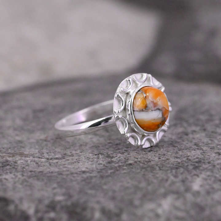 Superb Quality Solid 925 Sterling Silver Natural Orange Spiny Oyster Turquoise 10mm Round Shape Ring For Women Fine Jewelry