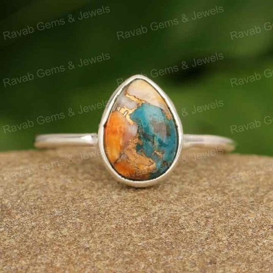 Top Selling 10x12mm Navajo Mohave Spiny Oyster Turquoise Gemstone 925 Silver Bezel Pear Statement Women Ring Fine Native Jewelry
