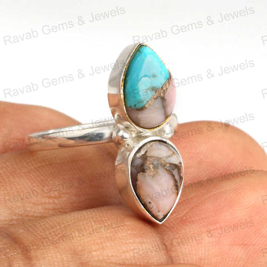 Best Selling Genuine Pink Copper Turquoise Pear Shape 7x9mm Solid 925 Sterling Silver Bezel Setting Women Handmade Ring
