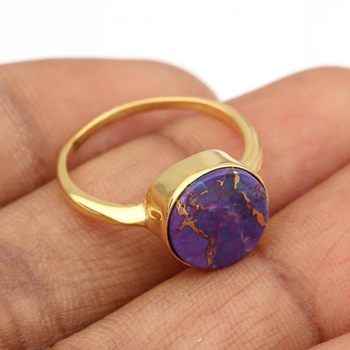 12mm Natural Mohave Purple Copper Turquoise Gemstone Bezel 18K Gold Plated 925 Sterling Silver Ring Women Fine Jewelry