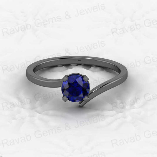Top Quality 925 Sterling Silver 5mm Round Cut Blue Sapphire Hydro Vermeil Eternity Prong Setting Solitaire Bypass Ring for Women