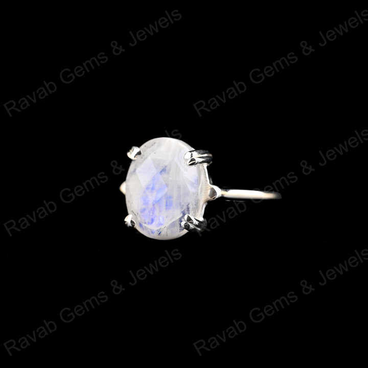 Superb Solid 925 Sterling Silver Natural Rainbow Moonstone Oval Checker Cut Prong Setting Ring for Women Fine Handmade Jewelry