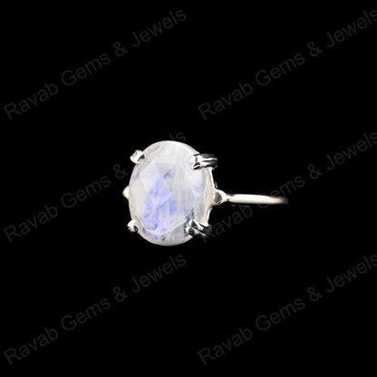 Superb Solid 925 Sterling Silver Natural Rainbow Moonstone Oval Checker Cut Prong Setting Ring for Women Fine Handmade Jewelry