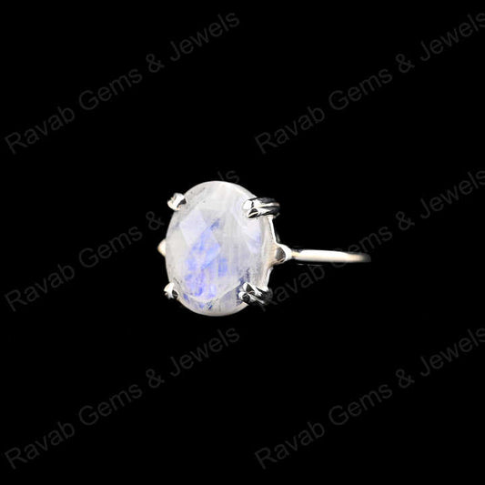 Superb Solid 925 Sterling Silver Natural Rainbow Moonstone Oval Checker Cut Prong Setting Ring for Women Fine Handmade Jewelry