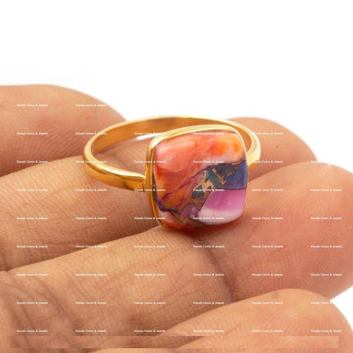 Best Selling Genuine Pink Dahlia Spiny Oyster Copper Turquoise Gemstone 18k Gold Filled Sterling Silver Cushion Ring for Women