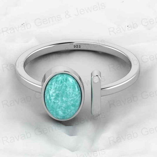 Top Selling Solid 925 Sterling Silver 8x10mm Genuine Amazonite Oval Cabochon Gemstone Adjustable Ring for Women Handmade Jewelry