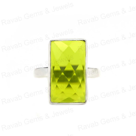 Top Selling Green Peridot Hydro Ring Sterling 925 Silver 10x14mm Checker Cut Faceted Bezel Setting Ring for Women Jewelry