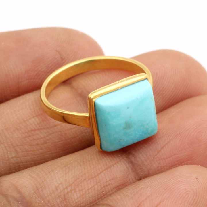 Best Selling Fine Jewelry Natural 12mm Square Kingman Arizona Turquoise Gemstone 925 Silver Gold Vermeil Eternity Dainty Ring