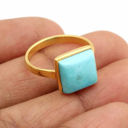 Best Selling Fine Jewelry Natural 12mm Square Kingman Arizona Turquoise Gemstone 925 Silver Gold Vermeil Eternity Dainty Ring