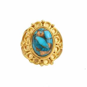 Mohave Kingman Blue Copper Turquoise Bezel Set 18K Gold Plated Pure 925 Silver Designer 10x14mm Oval Shape Ring for Her