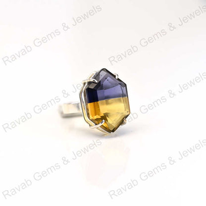 New Arrival Solid 925 Sterling Silver Ametrine Quartz Bio Color Hexagon Prong Setting Ring for Women Fine Handmade Jewelry