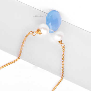 2024 Latest Design Natural Freshwater Pearl & Blue Chalcedony Gemstone Bezel 18k Gold Plated Silver Chain Necklace for Women
