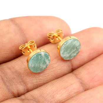 Top Selling 12mm Natural Amazonite Gemstone 18K Gold Plated Sterling Silver Minimalist Stud Earrings for Her Daily Wear Parties
