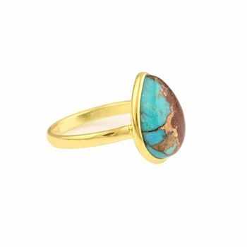 Solid 925 Sterling Silver 18K Gold-Plated Natural Lava Turquoise Copper 10x14mm Pear Bezel Setting Ring Women Fine Parties
