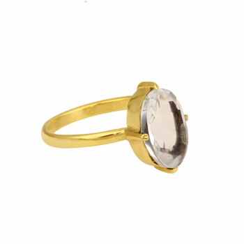 Custom Dainty 925 Sterling Silver Women's Ring 10x14mm Clear Quartz Faceted Oval Rose Cut Gemstone Unique Gold Plated Fine