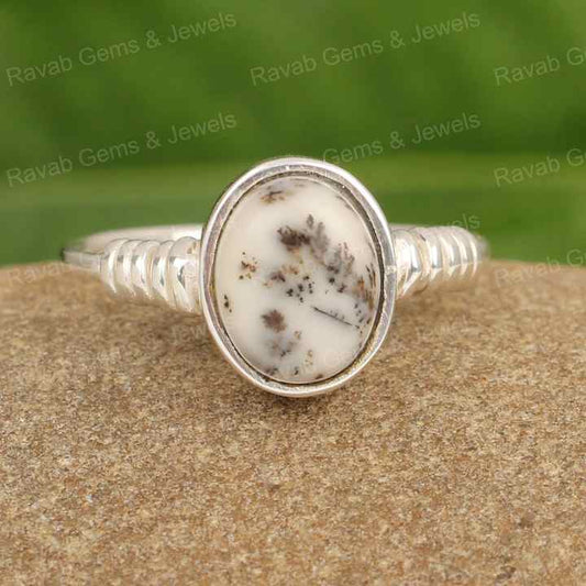 Latest Design New Arrival Natural Dendric Opal Oval Cabochon 10x14mm Solid 925 Sterling Silver Twisted Band Women Handmade Ring