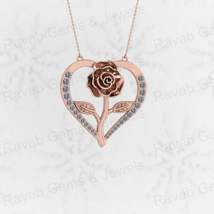 Beautiful 925 Silver 30mm Rose Leaf Flower in Heart CZ Valentines Day Dainty Pendant Necklace Personalized Love Keepsake Jewelry