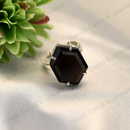 Hot Selling Solid 925 Sterling Silver Natural Black Onyx Hexagon Shape Prong Ring for Women Fine Handmade Gifted Jewelry