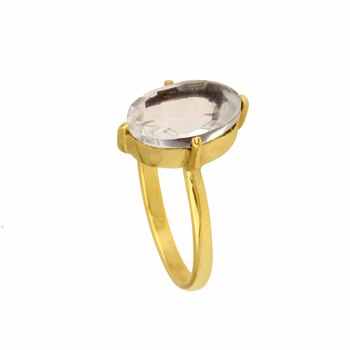 Custom Dainty 925 Sterling Silver Women's Ring 10x14mm Clear Quartz Faceted Oval Rose Cut Gemstone Unique Gold Plated Fine
