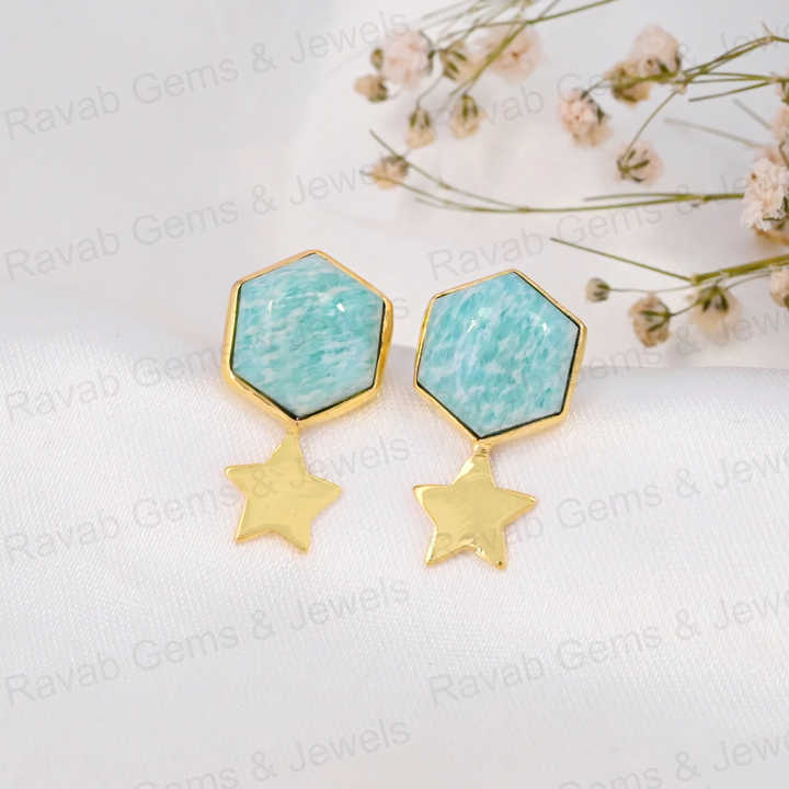 Beautiful 12mm Amazonite Hexagon Gemstone With Star Handmade Solid 925 Silver 18k Gold Drop Drizzle Earring Fine Jewelry For Her