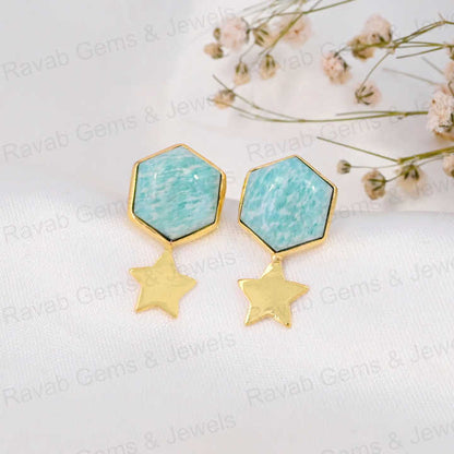 Beautiful 12mm Amazonite Hexagon Gemstone With Star Handmade Solid 925 Silver 18k Gold Drop Drizzle Earring Fine Jewelry For Her