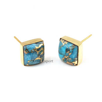 Top Selling 9mm Natural Blue Cooper Turquoise Gemstone Fine Stud Earrings Her Waterproof 925 Silver 18k Gold Plated Cute Design