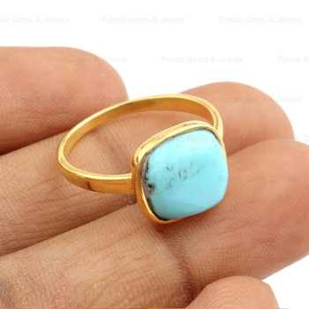 Beautiful High Quality 12mm Genuine Blue Kingman Arizona Turquoise Minimalist Dainty 18K Gold Plated Sterling Silver Ring Her