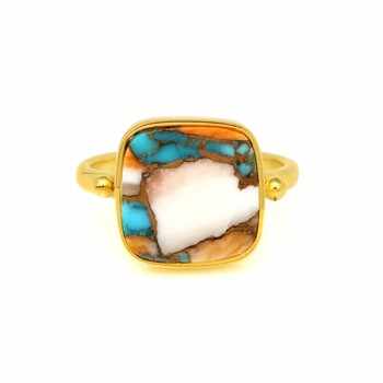 Handmade 12mm Cushion Mohave Spiny Oyster Copper Turquoise 925 Silver Vermeil Eternity Boho Style Women's Ring Navajo Jewelry
