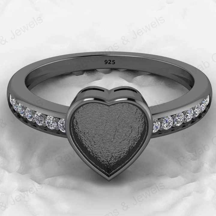 Genuine 925 Silver 8mm Heart CZ Breastmilk Semi Mount Blank Collet Ring Setting for Stone Resin & Ashes Work Keepsake Jewelry