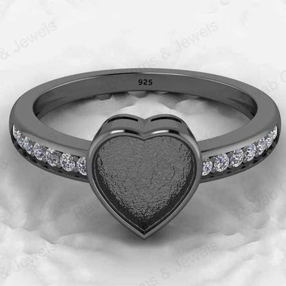 Genuine 925 Silver 8mm Heart CZ Breastmilk Semi Mount Blank Collet Ring Setting for Stone Resin & Ashes Work Keepsake Jewelry