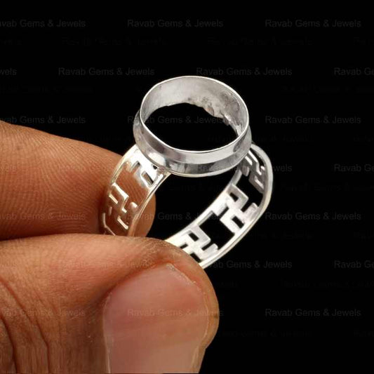 High Quality 925 Solid Silver 10mm Oval Pre Notched Swastik Band Semi Mount Blank Bezel Setting Ring for Stone & Ashes Resin