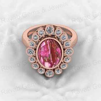Top Selling 925 Silver 9x12mm Pink Kingman Dahlia Spiny Oyster Oval Shape Gemstone CZ Solitaire Cocktail Ring Unisex