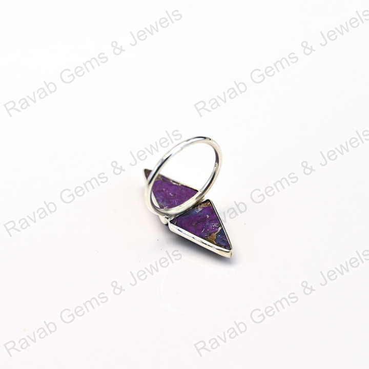 Best Quality Solid 925 Sterling Silver Purple Copper Turquoise Tringle Shape Bezel Setting Ring for Women Fine Handmade Jewelry