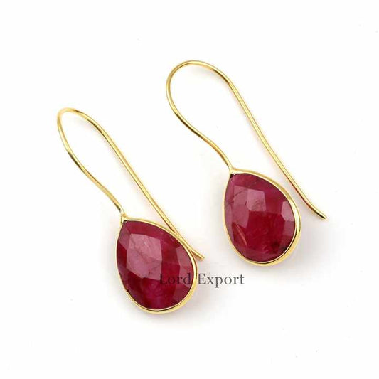 Handmade 925 Sterling Silver Dangle Earrings Latest Hot Selling 18K Gold Plated Gemstone Ruby for Women