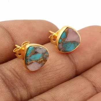 Beautiful 18k Gold Plated Minimalist Stud Earrings Daily Wear 10mm Trillion Shape Pink Opal Copper Turquoise Fine 18k Gold Studs