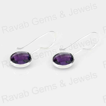 Top Quality Solid 925 Sterling Silver Amethyst Quartz 10mm Round Checker Cut Dangle Drop Earring for Women Fine Handmade Jewelry