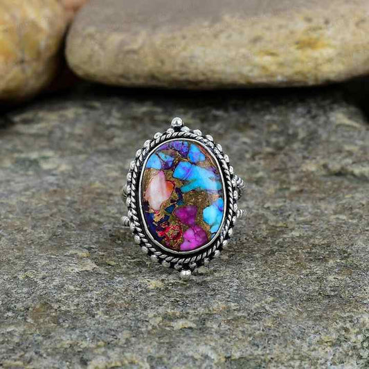 Best Quality Solid 925 Sterling Silver Mix Oyster Turquoise 10x14mm Bezel Setting Handmade Ring for Women Fine Vintage Jewelry